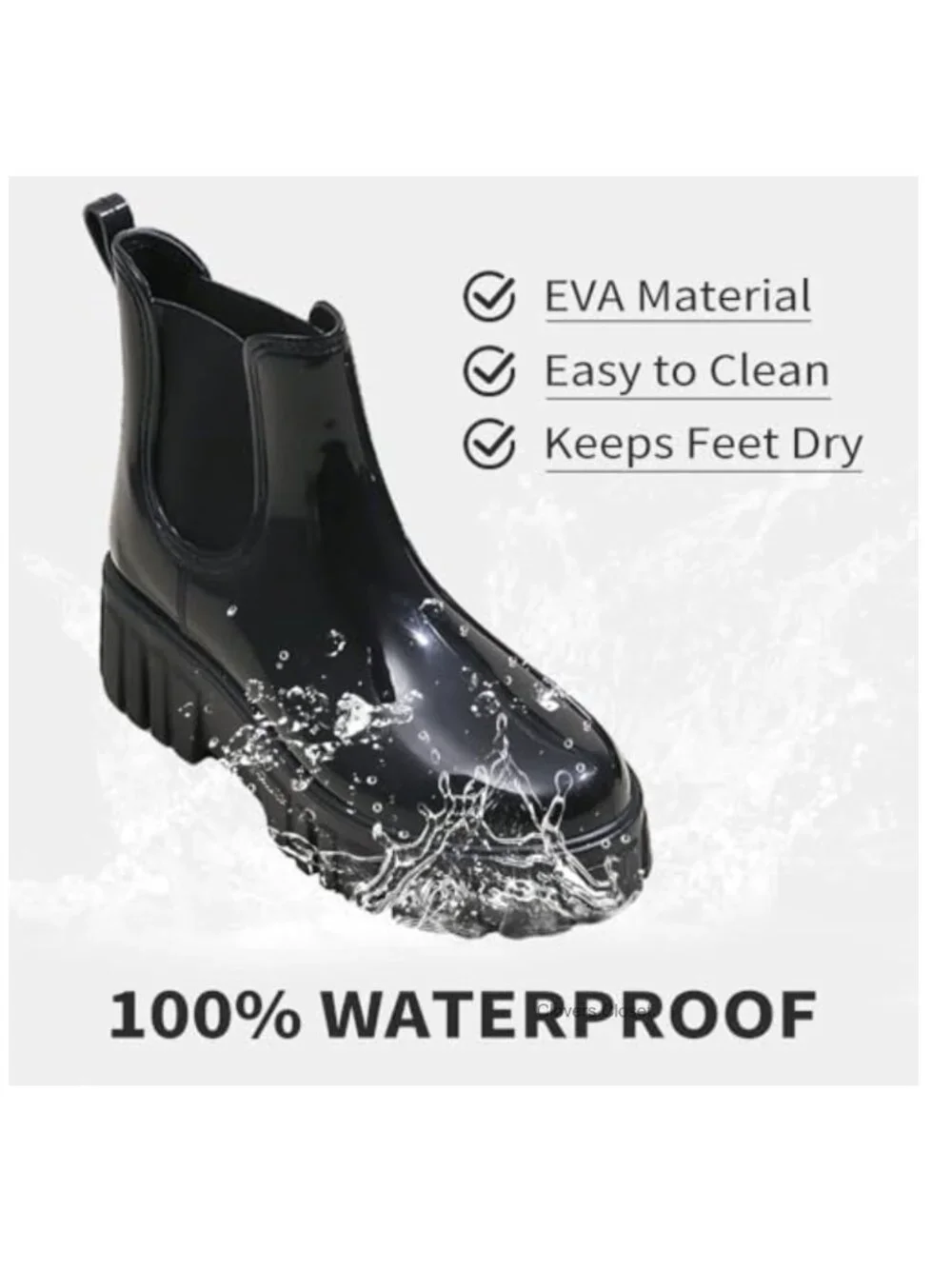 Waterproof Rubber Chelsea Rain Boots, Glossy Chunky Platform Ankle Booties,